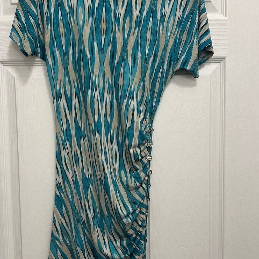 MICHAEL Michael Kors Blue and Tan Ruched Sheath Dress